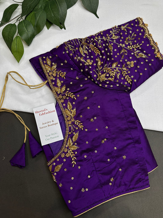 Purple Silk Maggam Aari Work Blouse - 