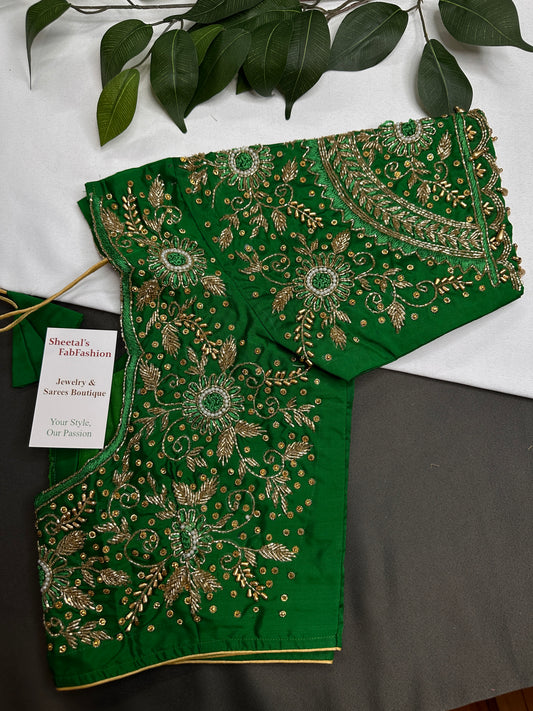 Green Silk Maggam Aari Work Blouse - 