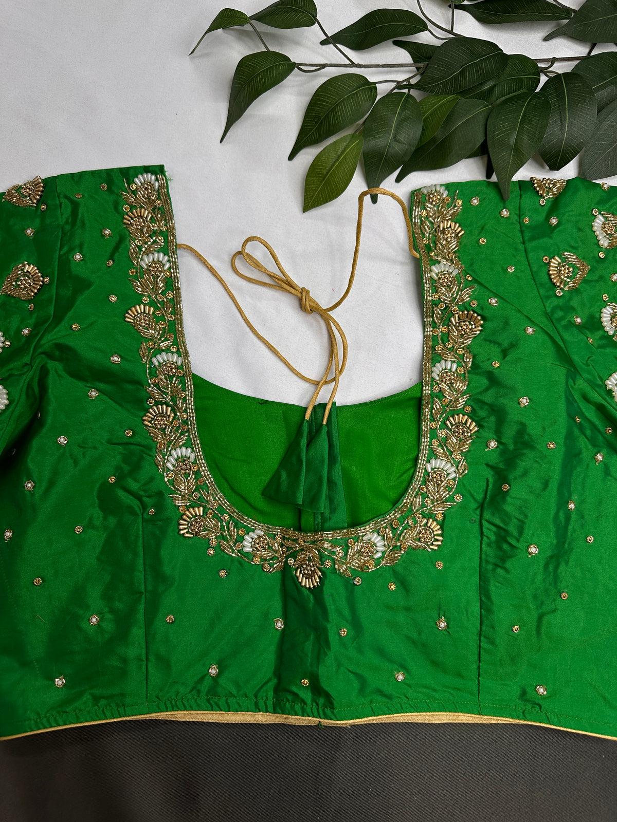 Green Silk Maggam Aari Work Blouse - 