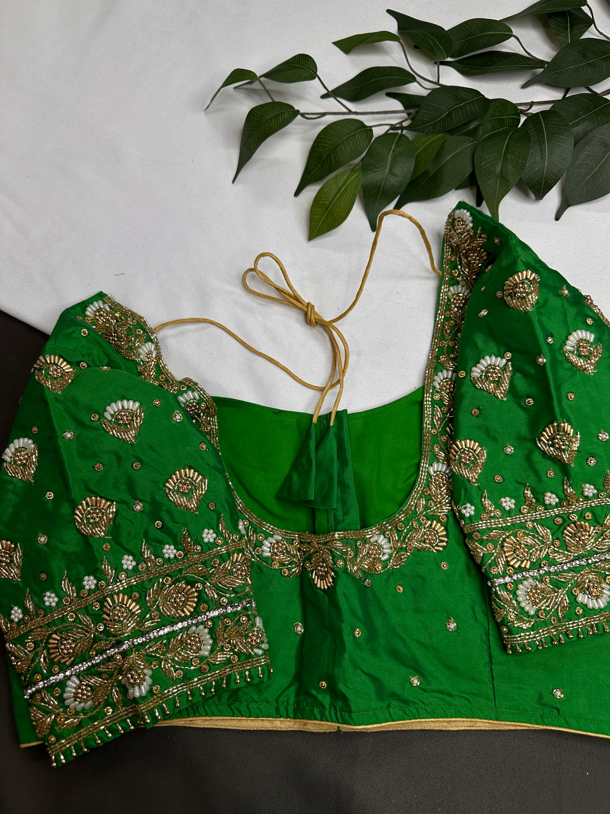 Green Silk Maggam Aari Work Blouse - 