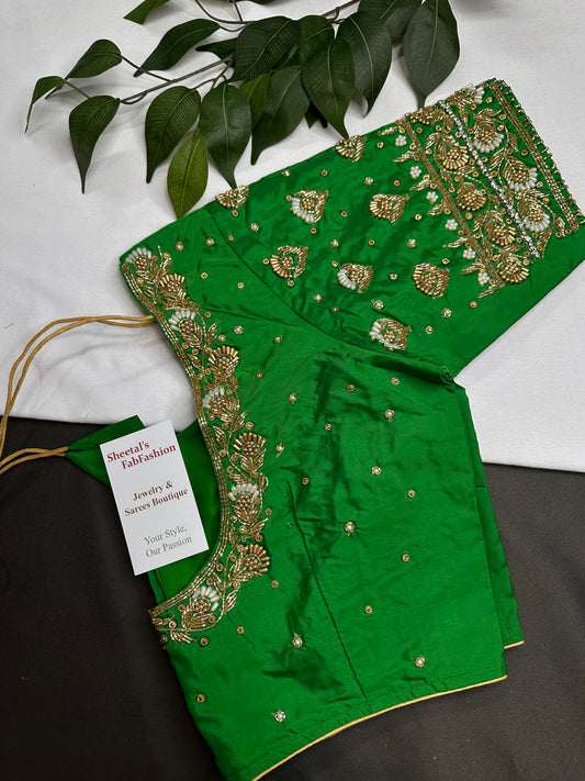 Green Silk Maggam Aari Work Blouse - 