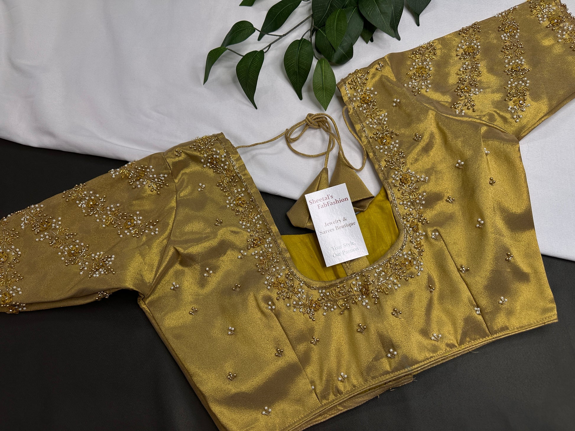 Gold  Silk Maggam Aari Pearl Work Blouse - 