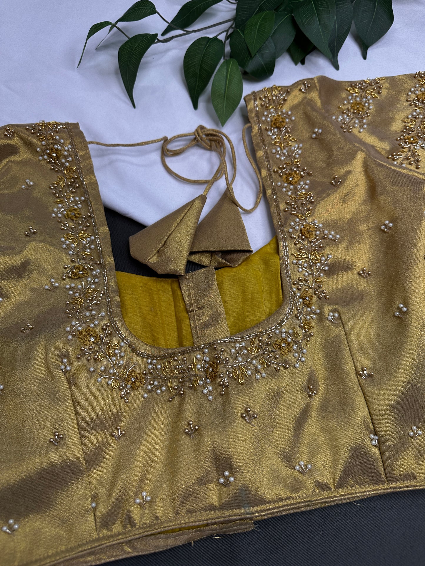 Gold  Silk Maggam Aari Pearl Work Blouse - 
