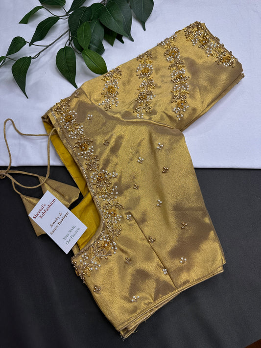 Gold  Silk Maggam Aari Pearl Work Blouse - 