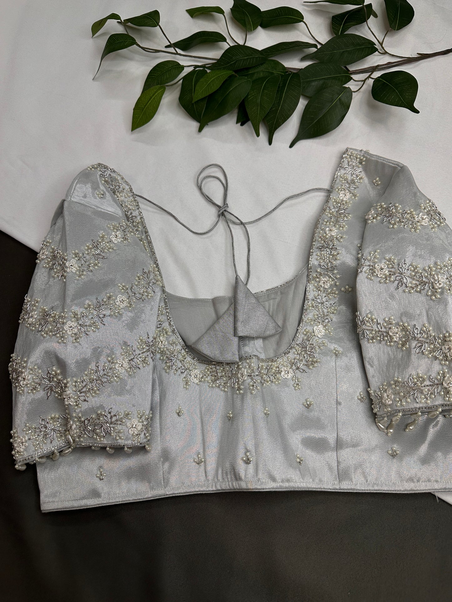 Silver  Silk Maggam Aari Pearl Work Blouse - 