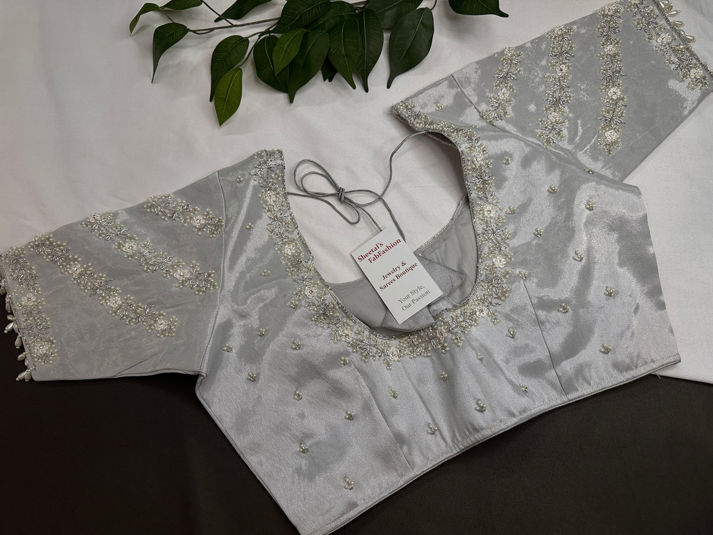 Silver  Silk Maggam Aari Pearl Work Blouse - 