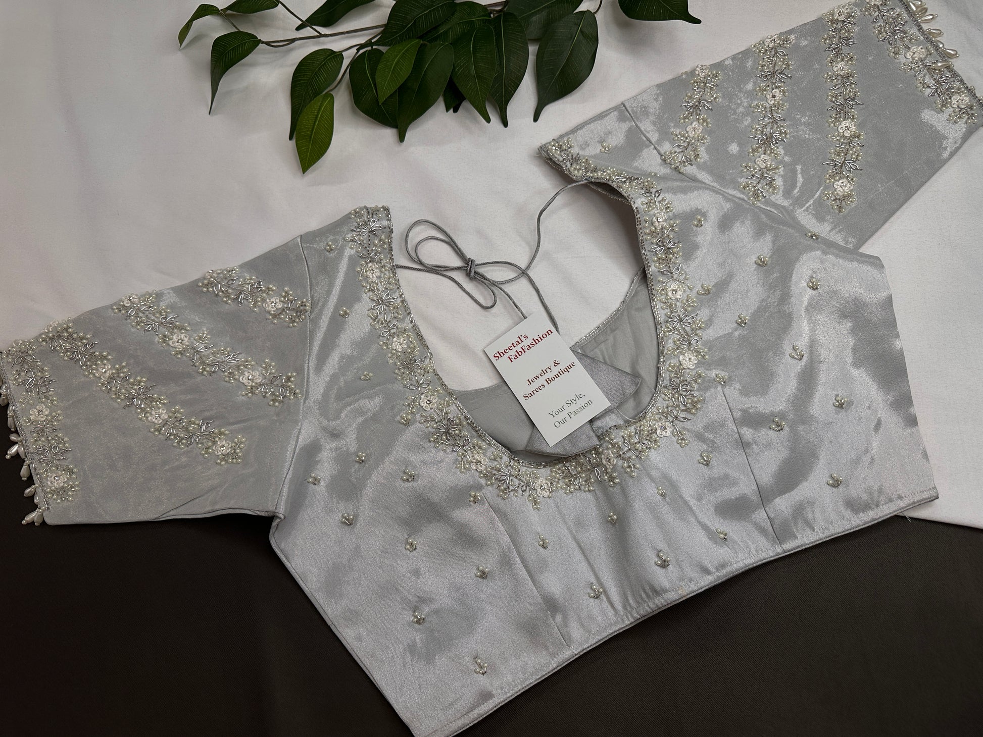 Silver  Silk Maggam Aari Pearl Work Blouse - 