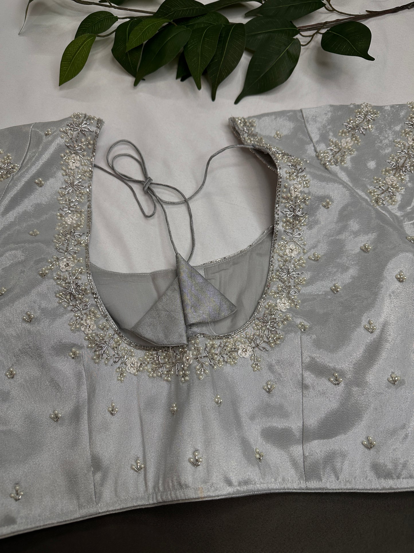 Silver  Silk Maggam Aari Pearl Work Blouse - 