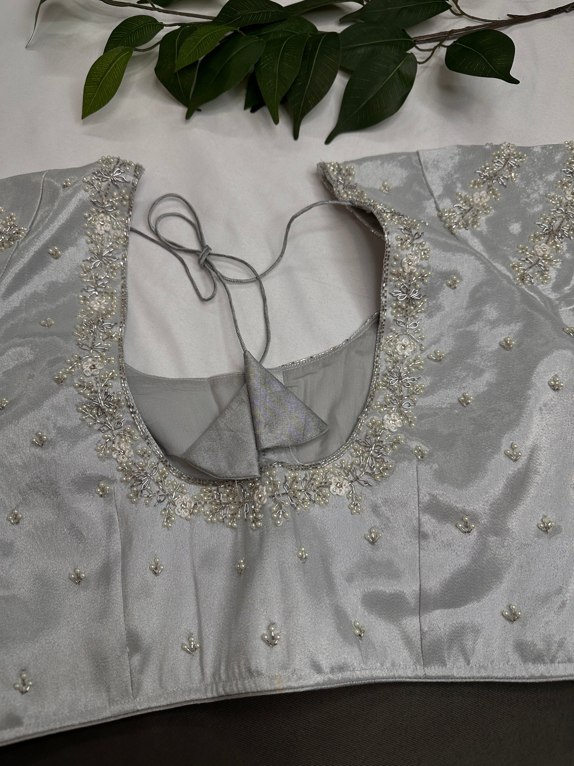 Silver  Silk Maggam Aari Pearl Work Blouse - 
