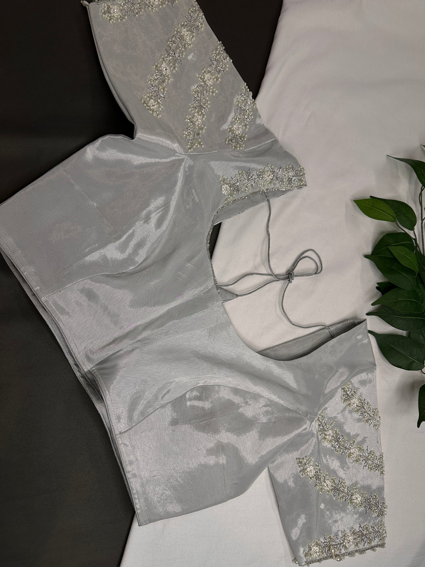 Silver  Silk Maggam Aari Pearl Work Blouse - 