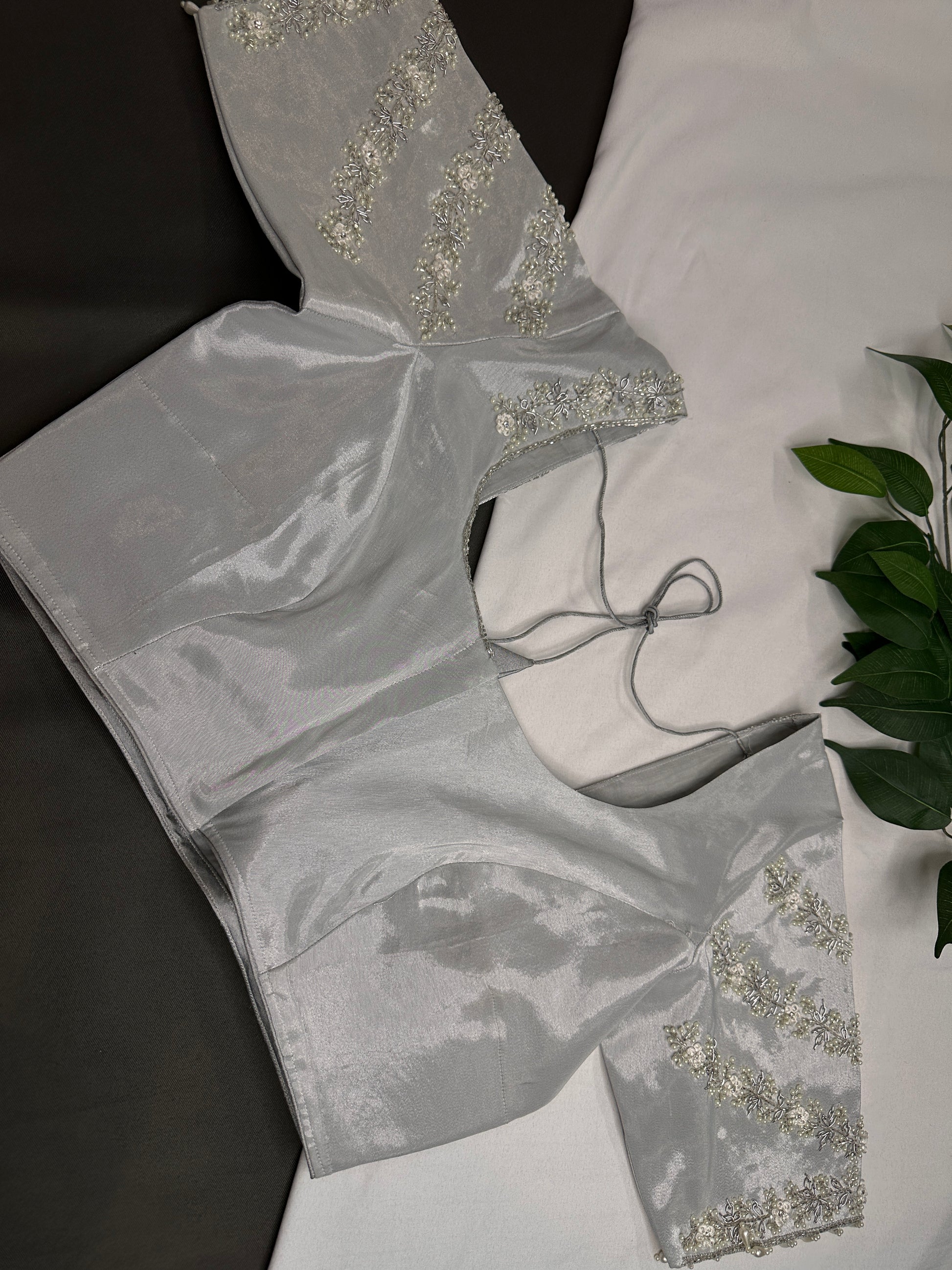 Silver  Silk Maggam Aari Pearl Work Blouse - 