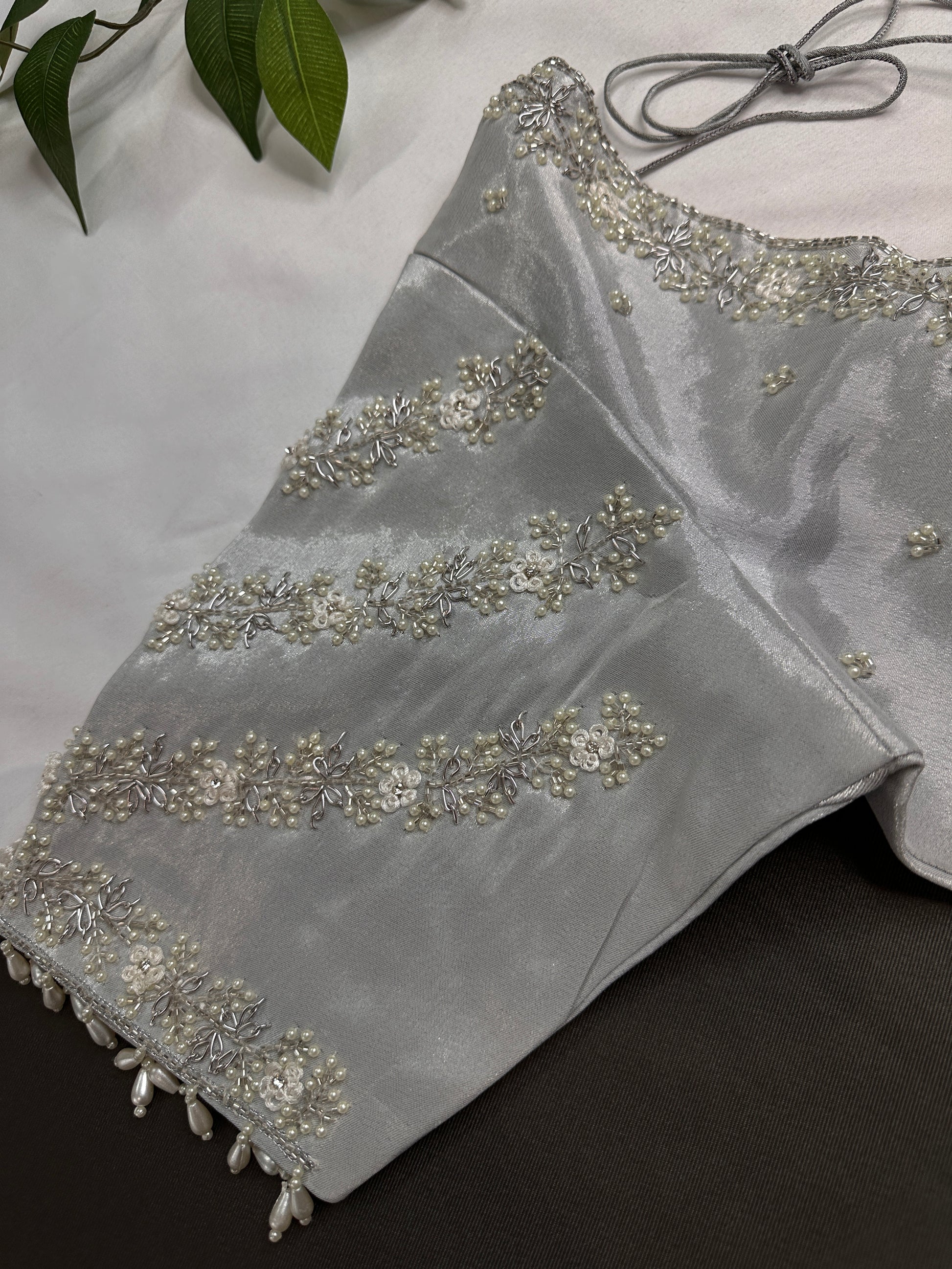 Silver  Silk Maggam Aari Pearl Work Blouse - 