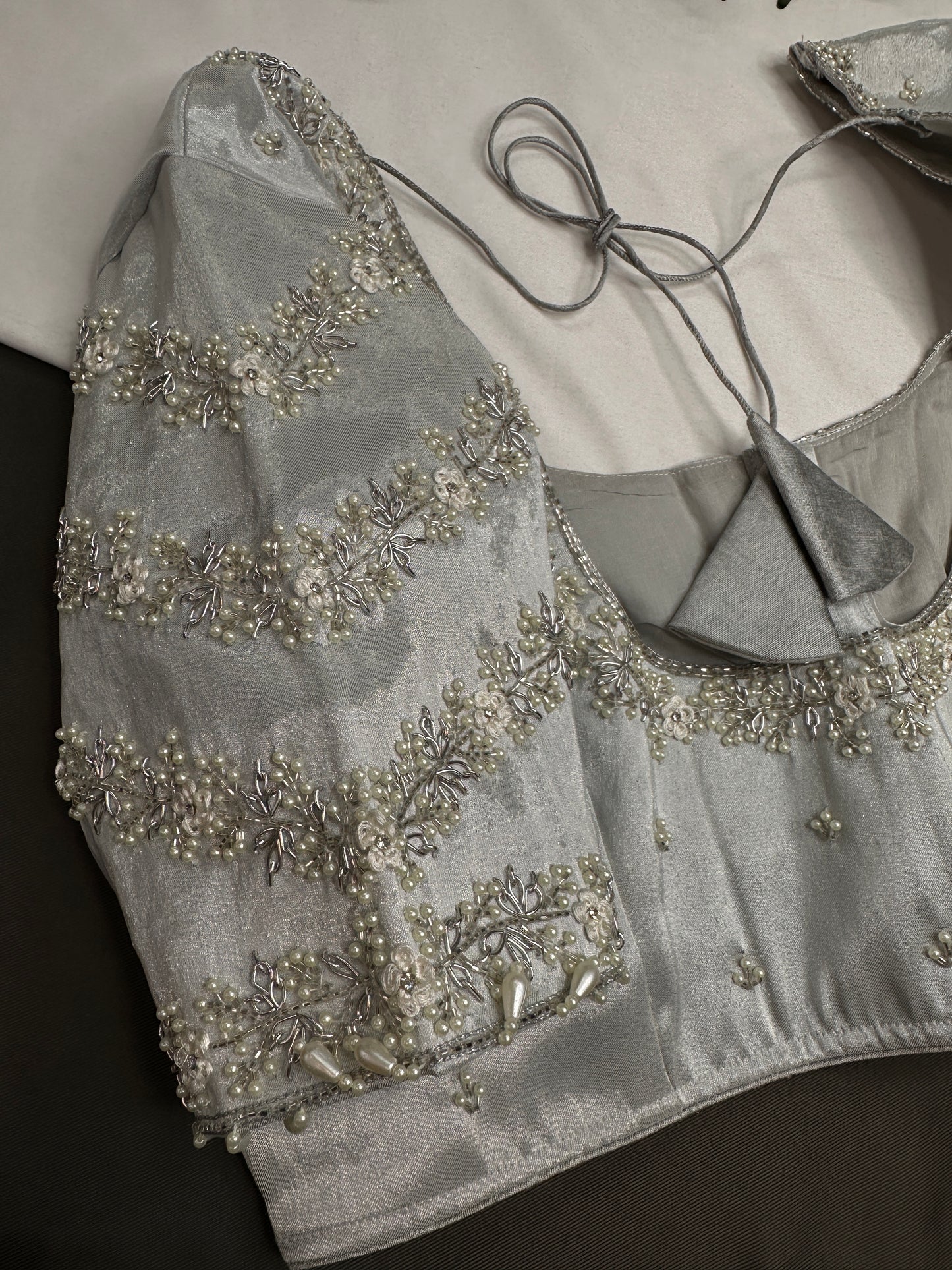 Silver  Silk Maggam Aari Pearl Work Blouse - 