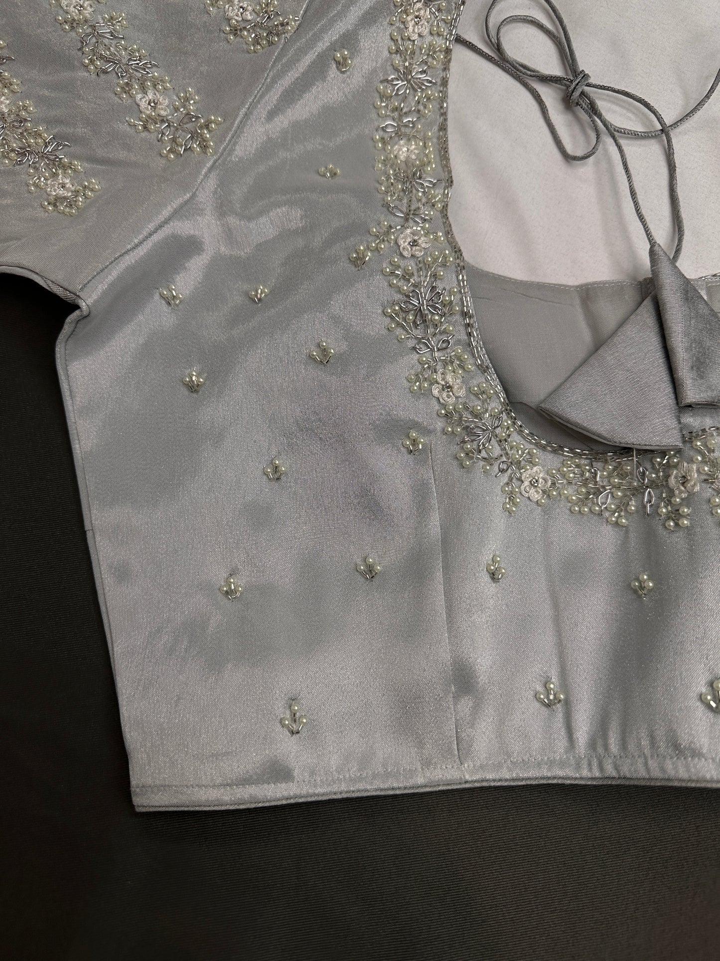 Silver  Silk Maggam Aari Pearl Work Blouse - 