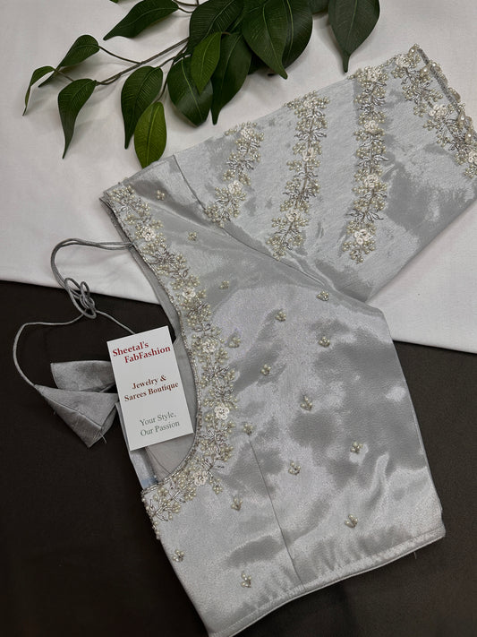 Silver  Silk Maggam Aari Pearl Work Blouse - 
