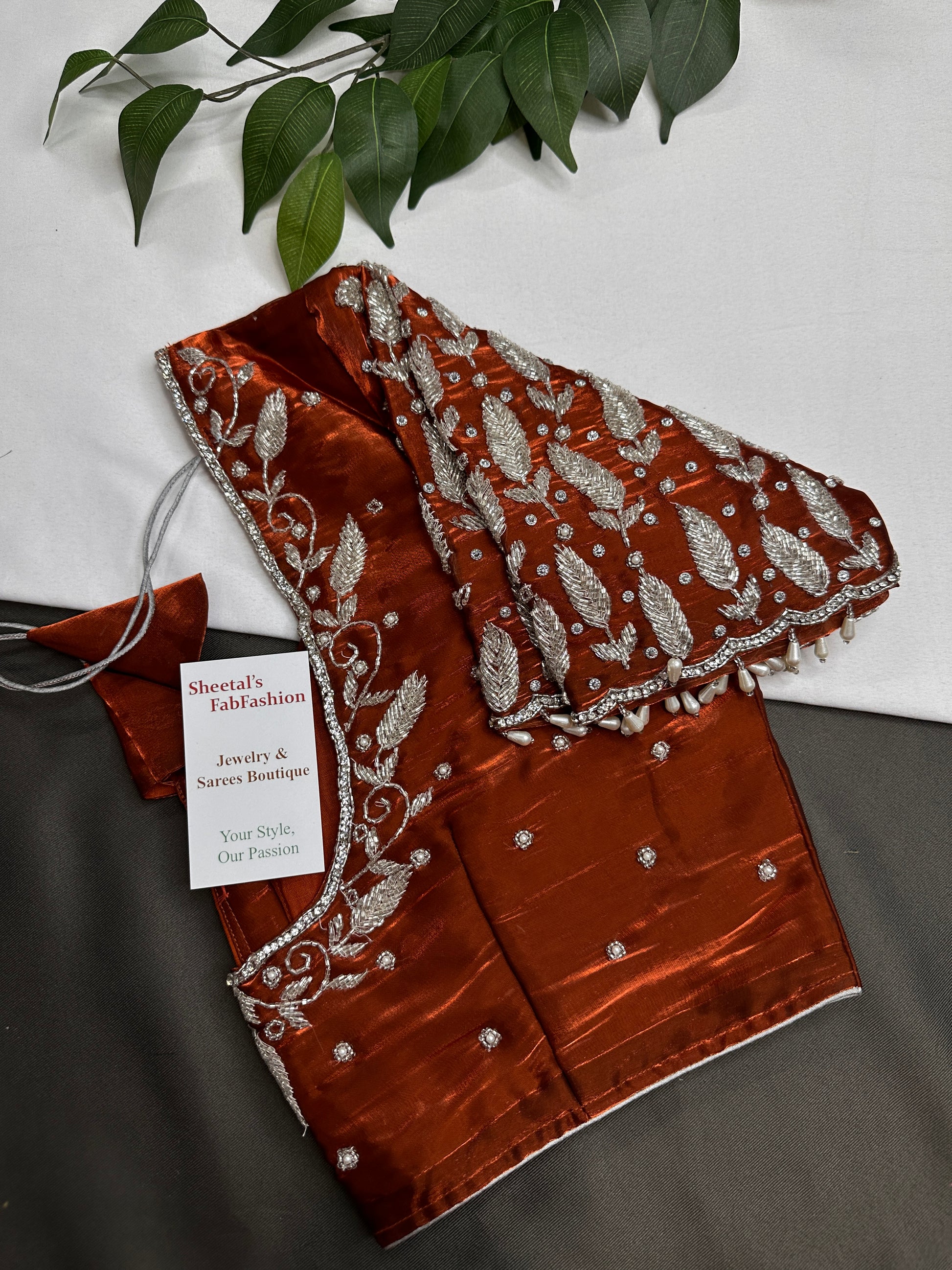 Crepe Brown Silver Pearl Work Blouse - 