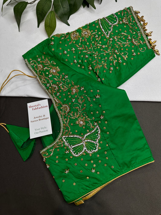 Butterfly Pattern Green Silk Maggam Aari Pearl Work Blouse - 