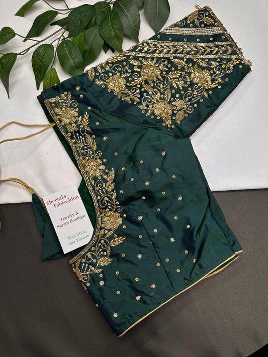 Teal Green Silk Maggam Aari Blouse - 