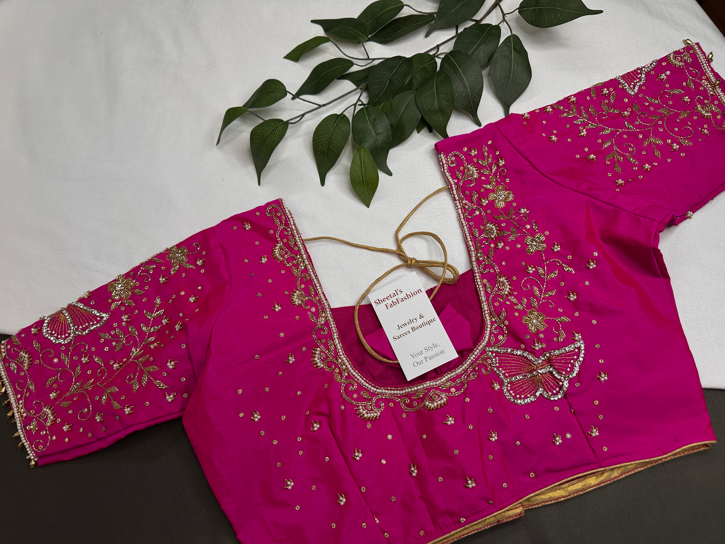 Butterfly Pattern Pink Silk Maggam Aari Pearl Work Blouse - 