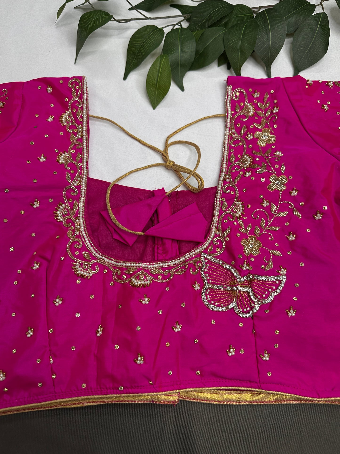 Butterfly Pattern Pink Silk Maggam Aari Pearl Work Blouse - 