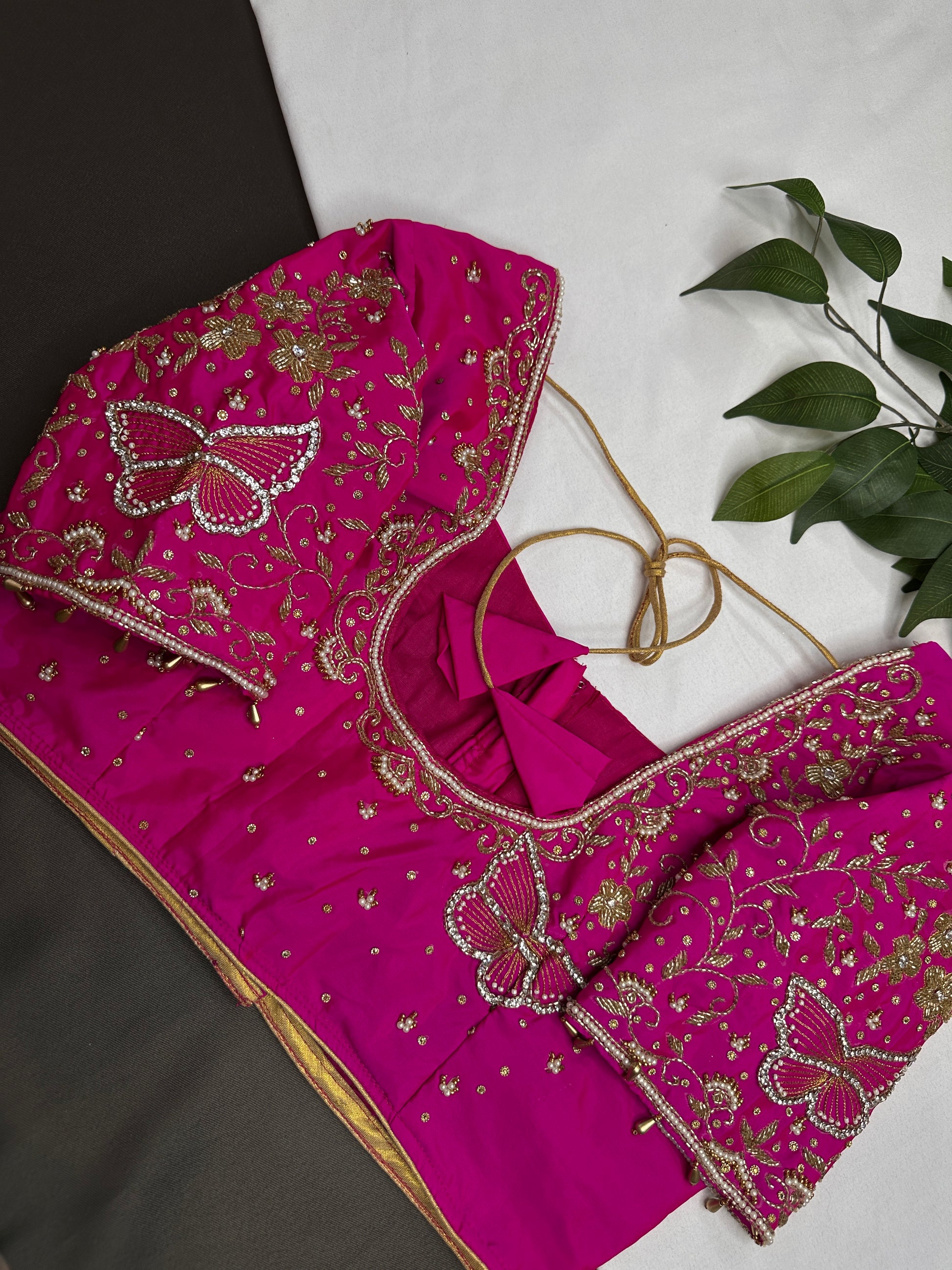 Butterfly Pattern Pink Silk Maggam Aari Pearl Work Blouse - 