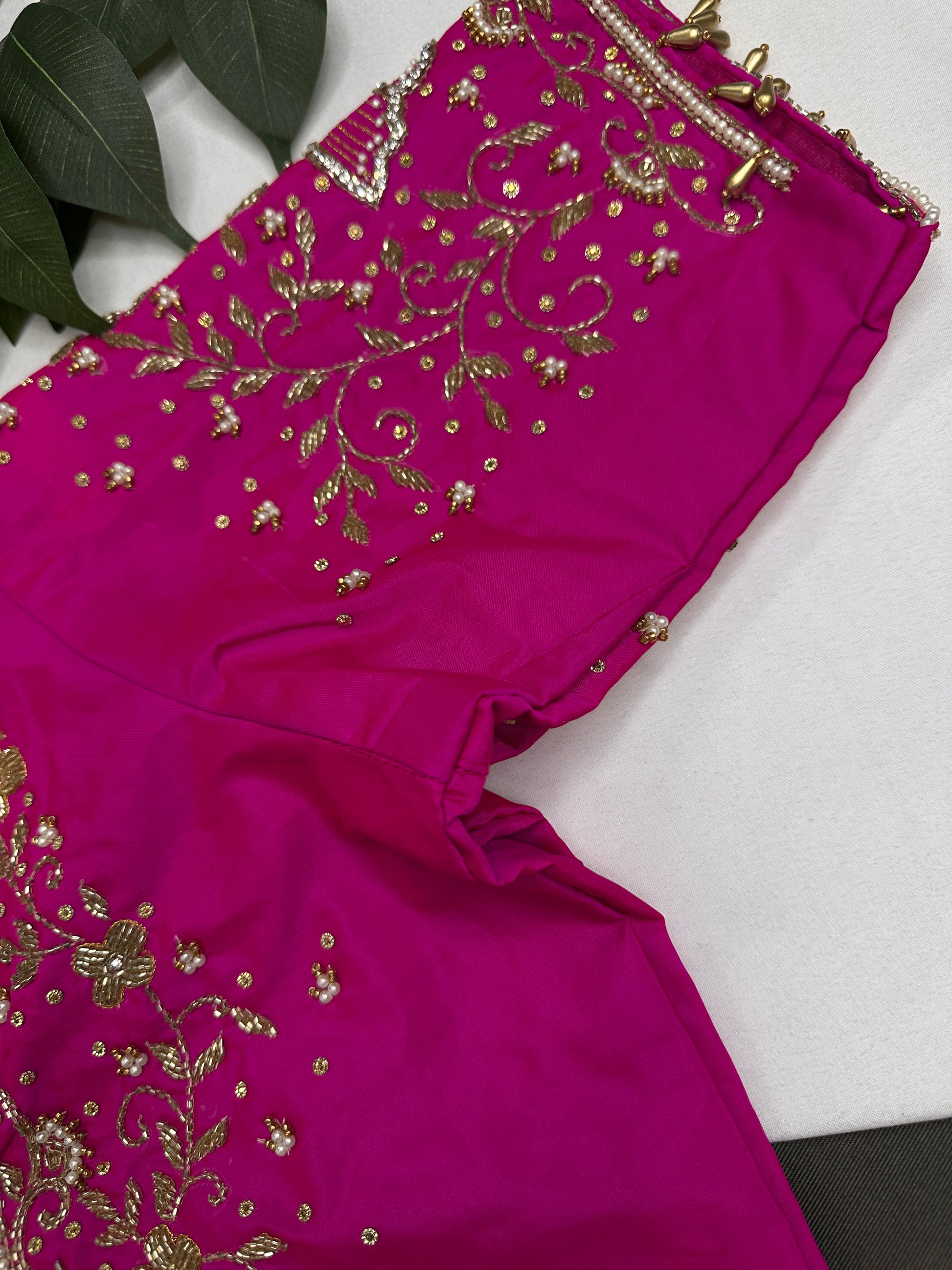 Butterfly Pattern Pink Silk Maggam Aari Pearl Work Blouse - 