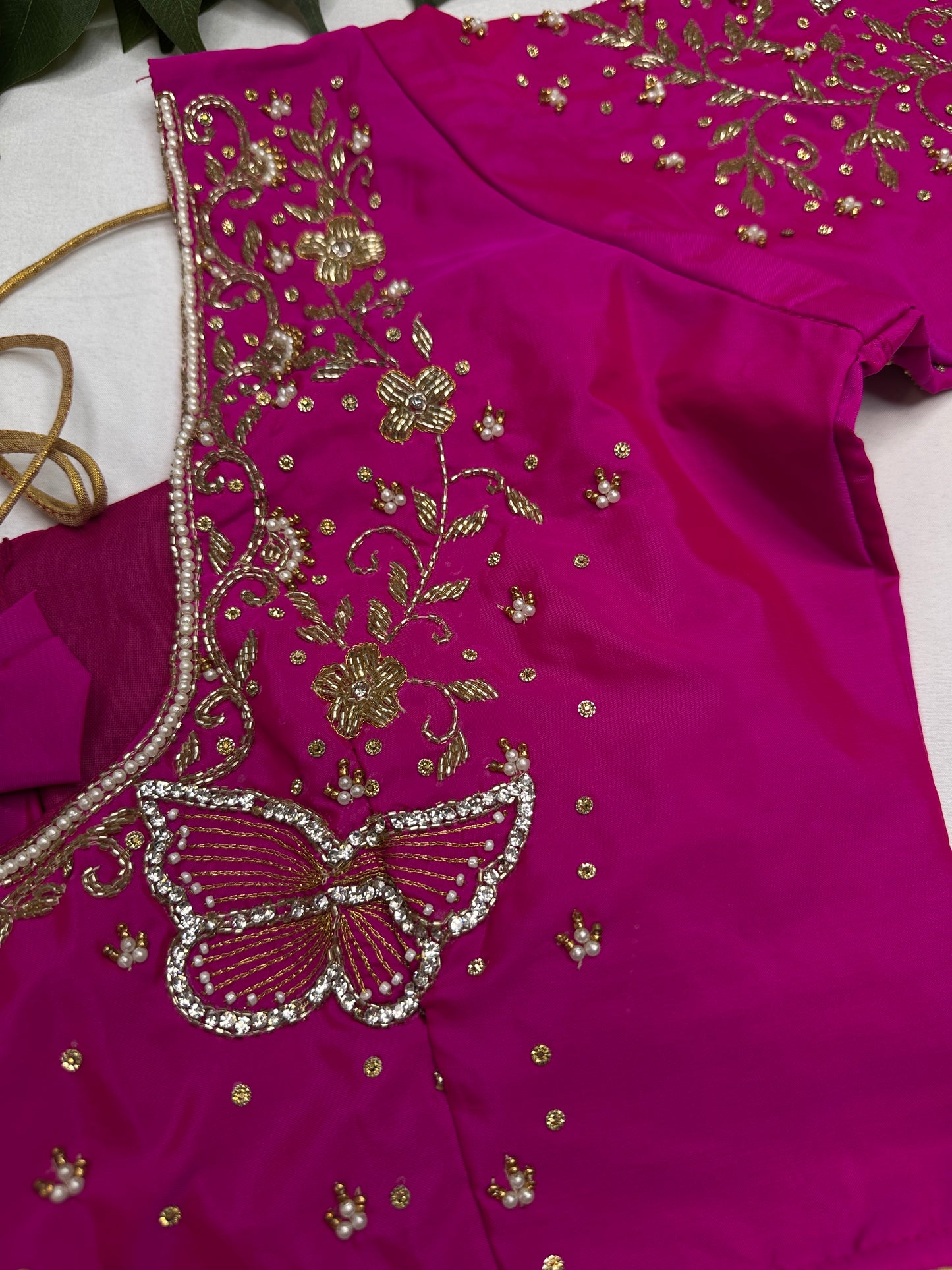 Butterfly Pattern Pink Silk Maggam Aari Pearl Work Blouse - 