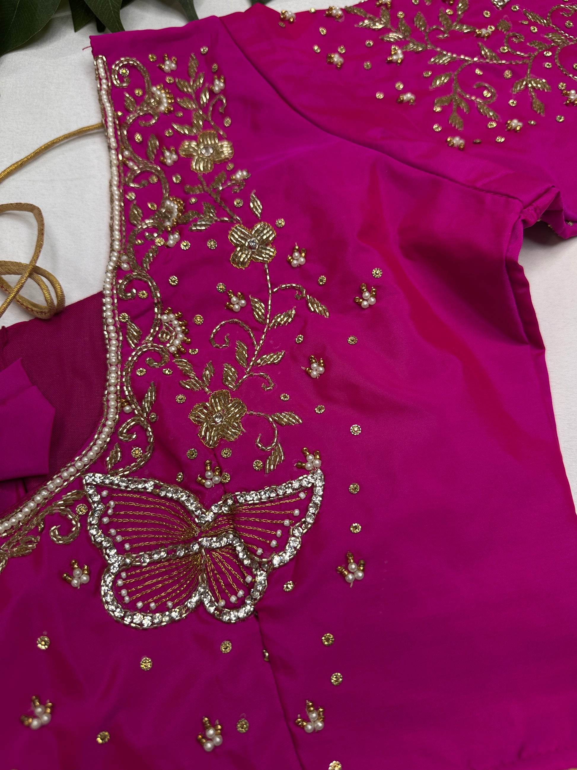 Butterfly Pattern Pink Silk Maggam Aari Pearl Work Blouse - 