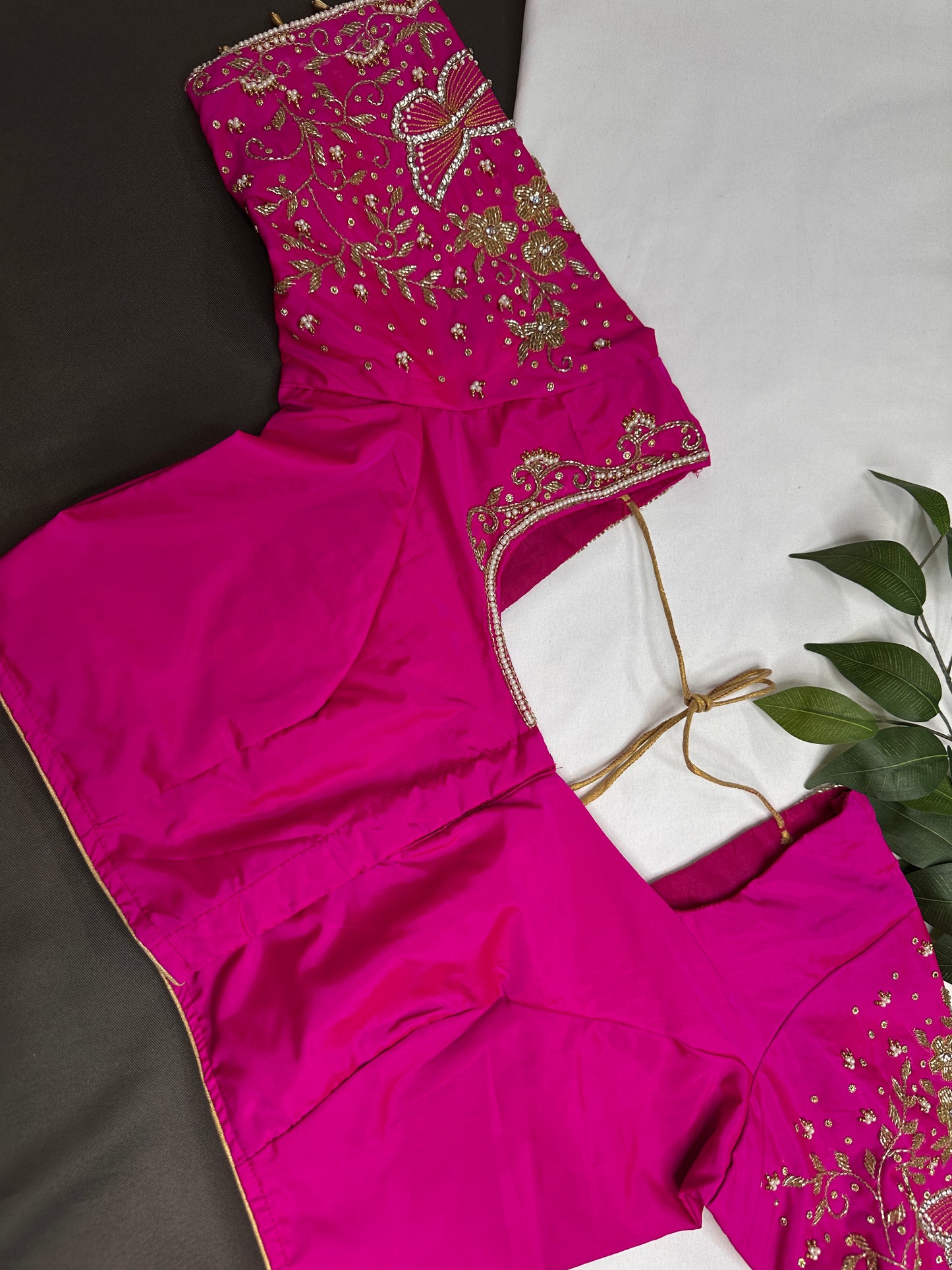 Butterfly Pattern Pink Silk Maggam Aari Pearl Work Blouse - 