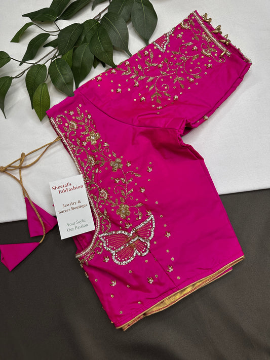 Butterfly Pattern Pink Silk Maggam Aari Pearl Work Blouse - 