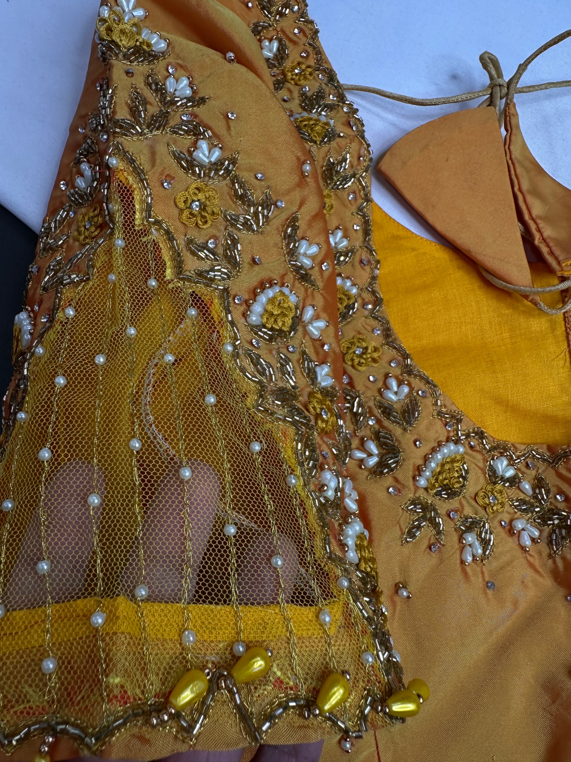 Yellow Net Silk Maggam Aari Pearl Work Blouse - 