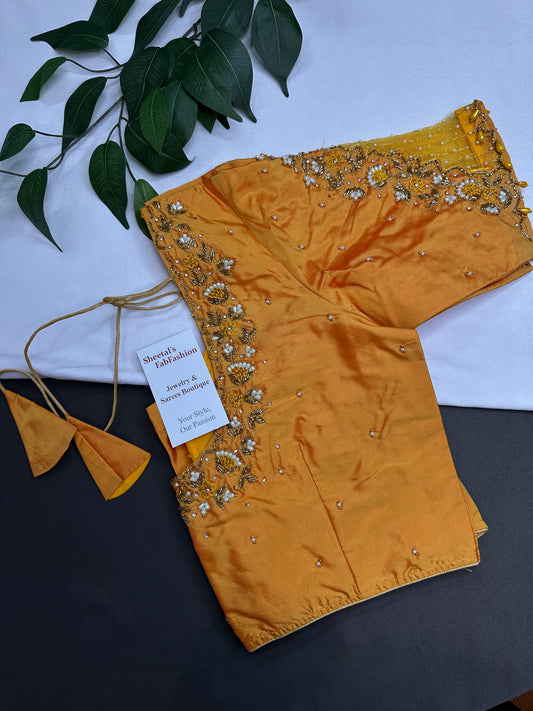 Yellow Net Silk Maggam Aari Pearl Work Blouse - 