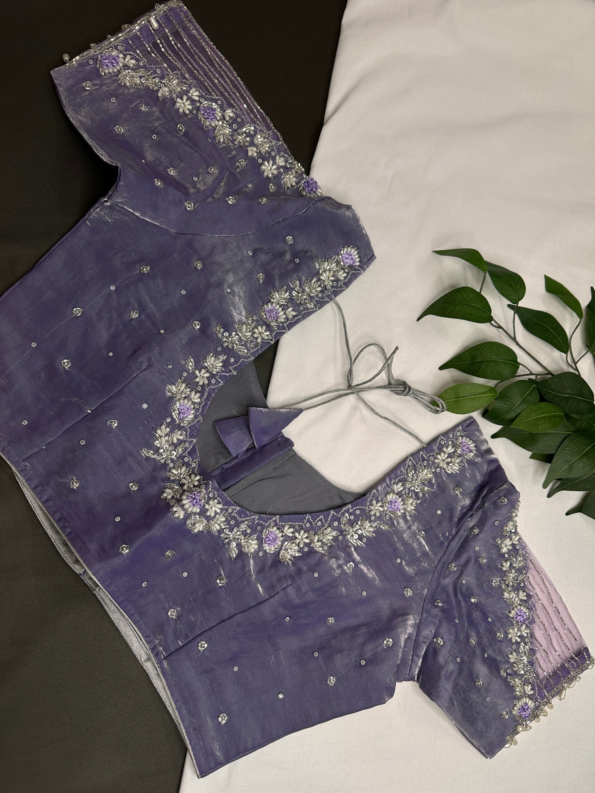 Crepe lavender Net Silver Pearl Work Blouse - 