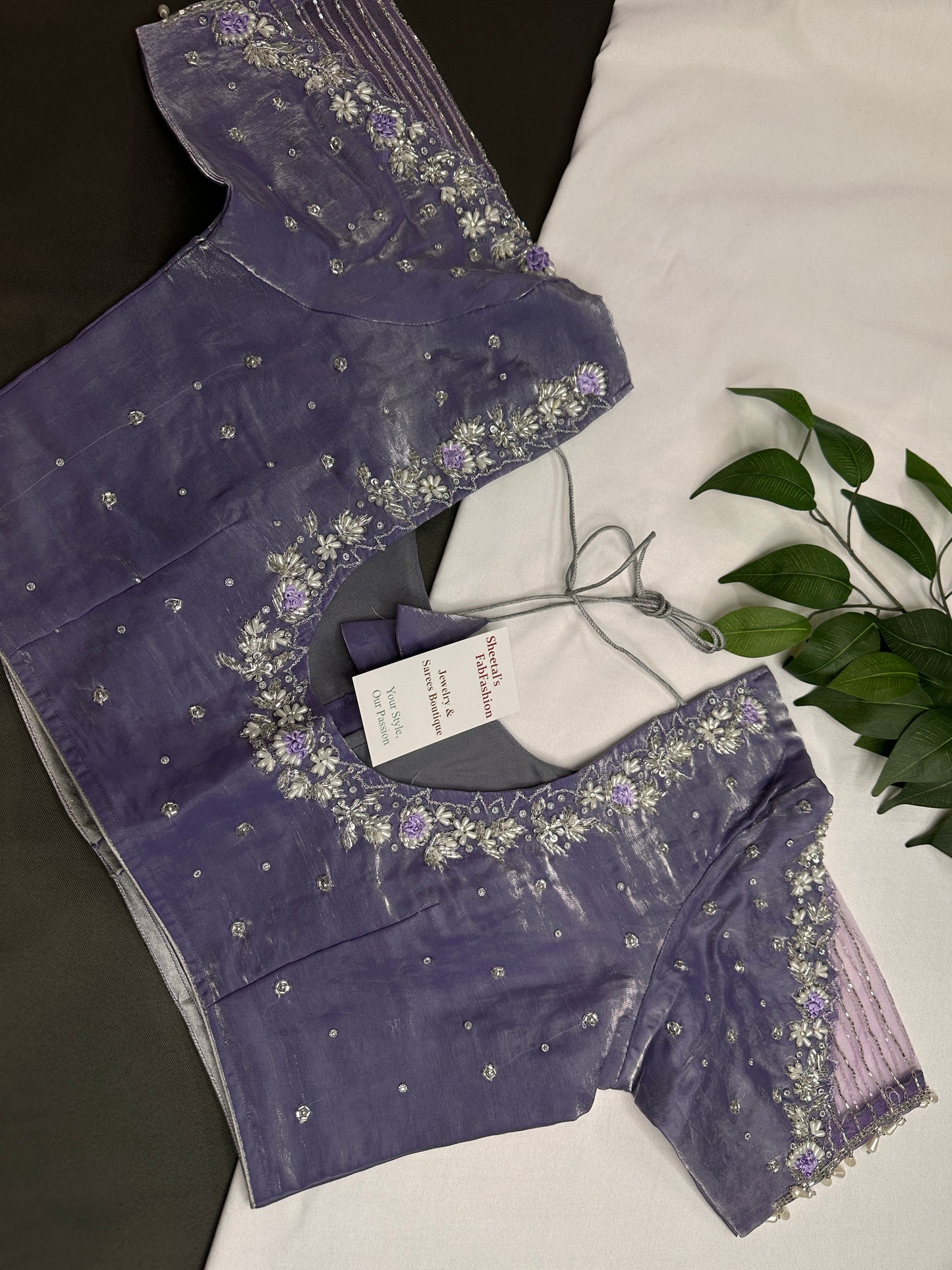 Crepe lavender Net Silver Pearl Work Blouse - 