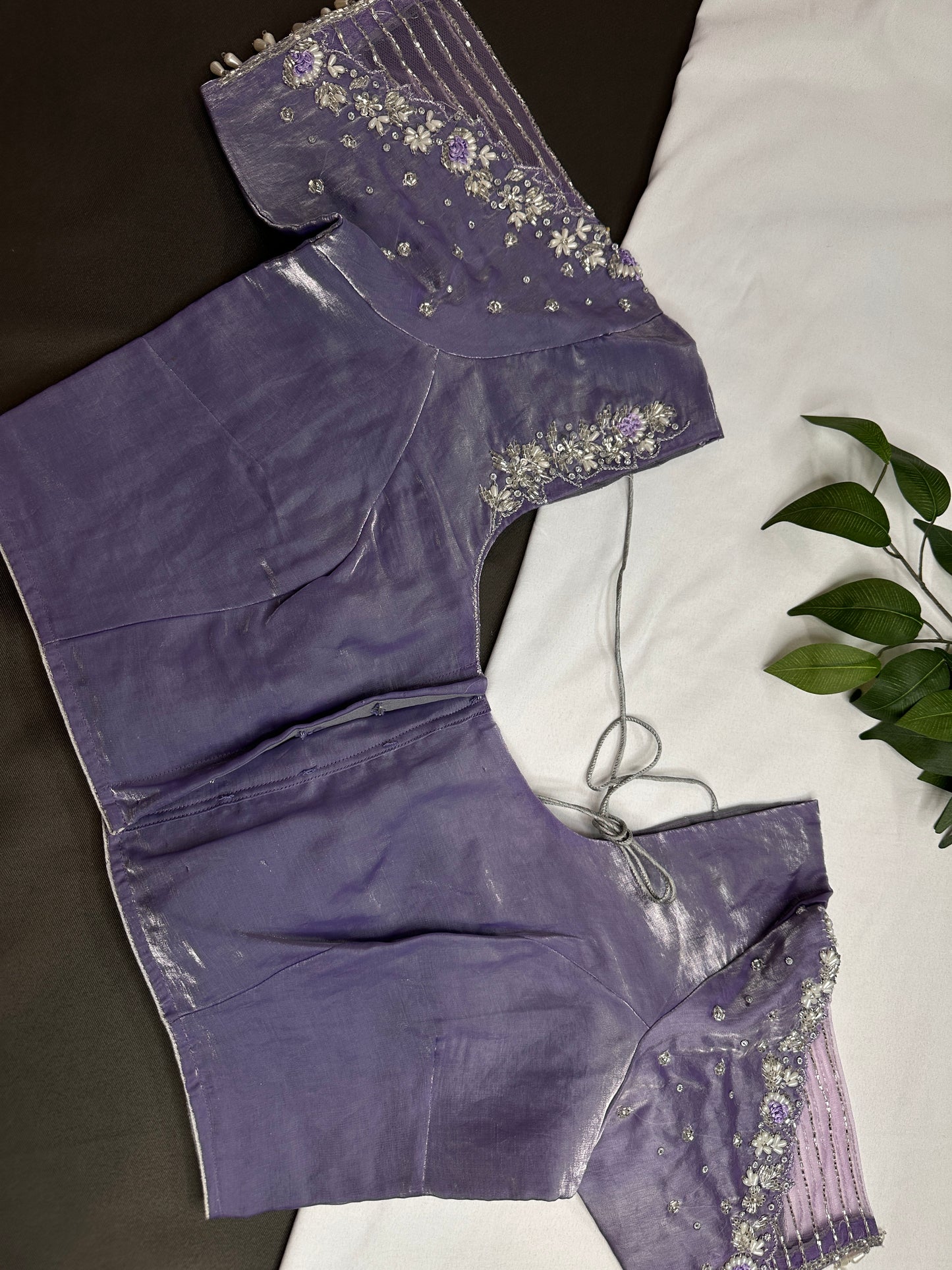 Crepe lavender Net Silver Pearl Work Blouse - 