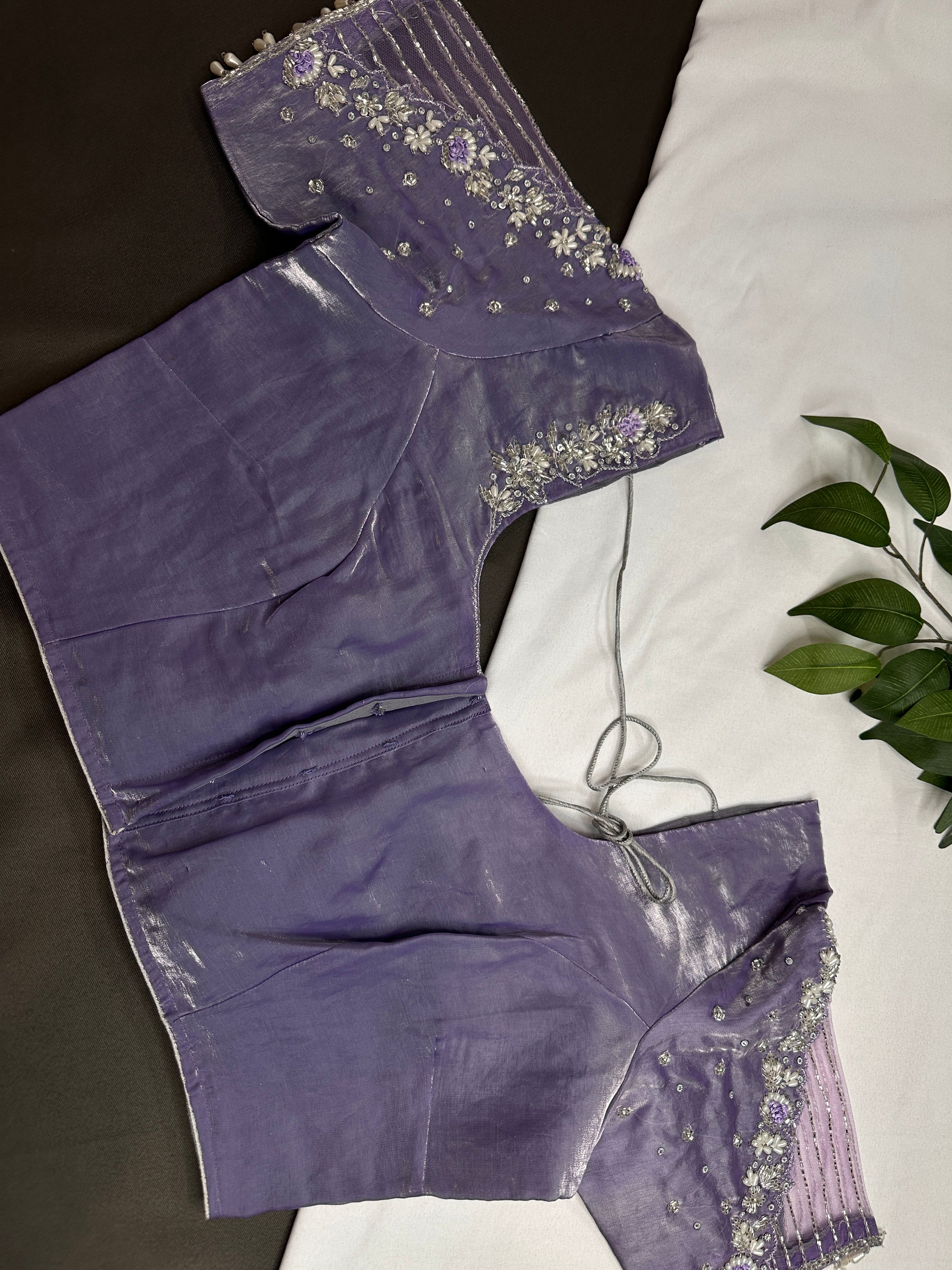 Crepe lavender Net Silver Pearl Work Blouse - 