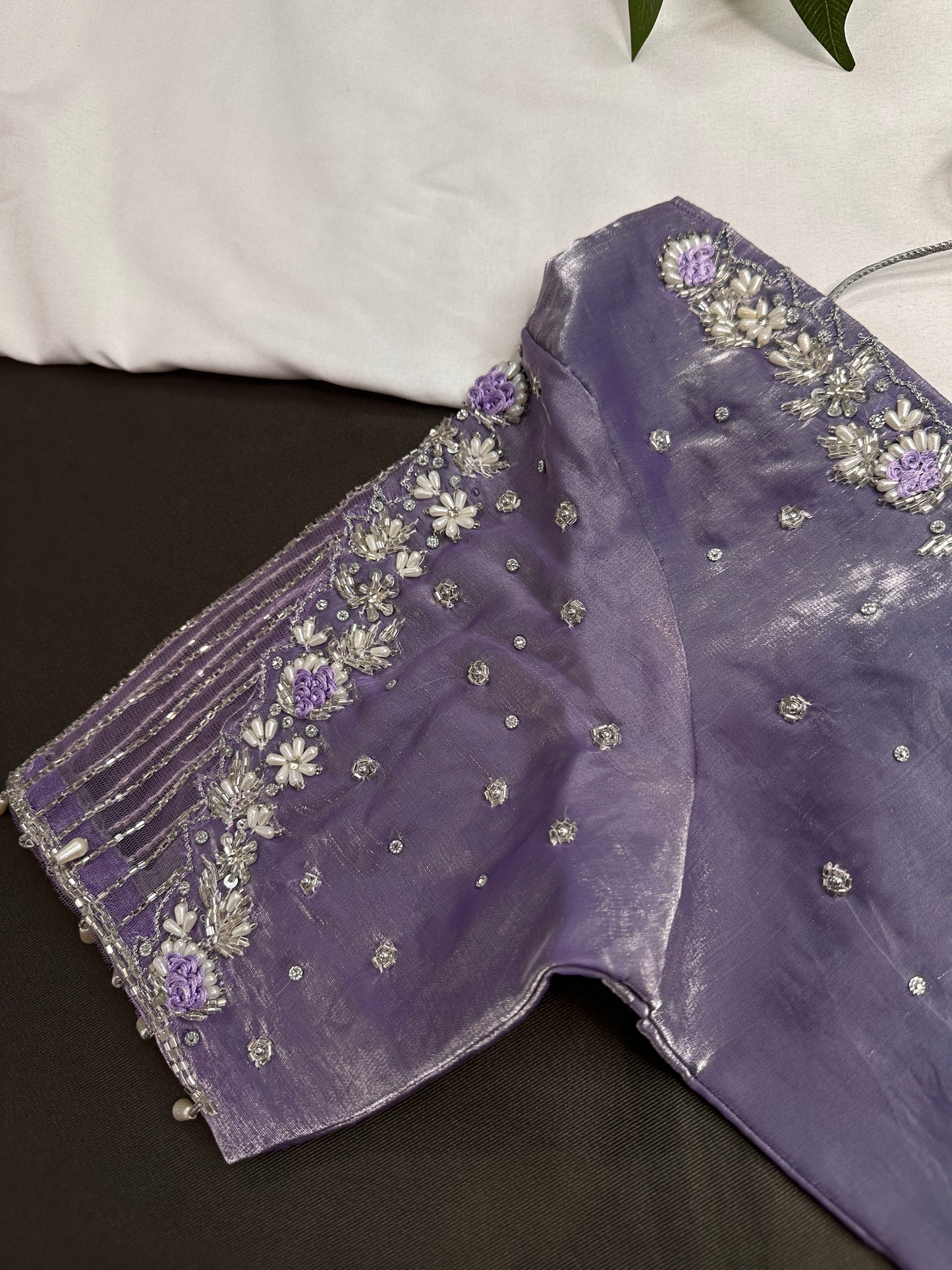 Crepe lavender Net Silver Pearl Work Blouse - 