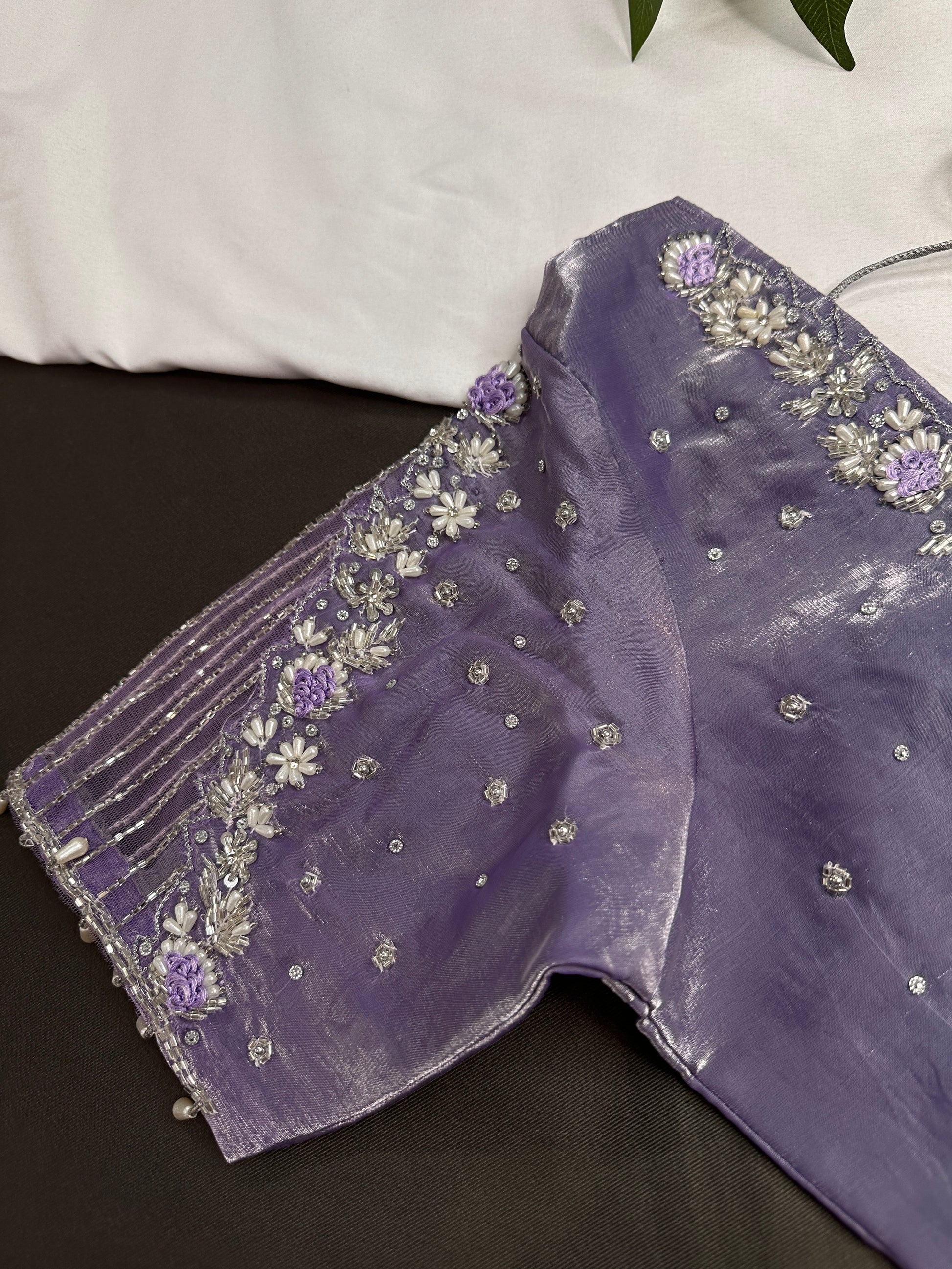 Crepe lavender Net Silver Pearl Work Blouse - 