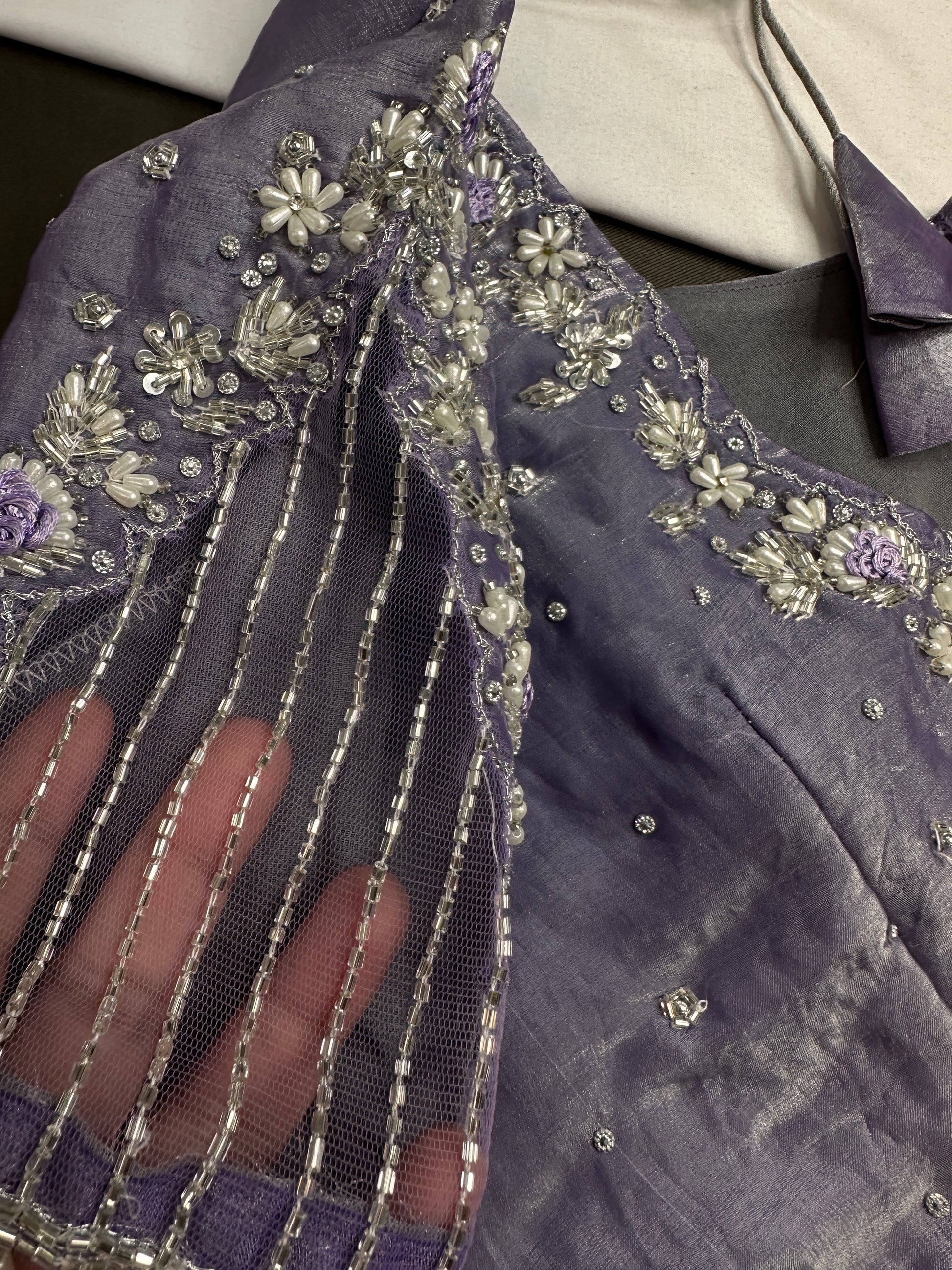 Crepe lavender Net Silver Pearl Work Blouse - 