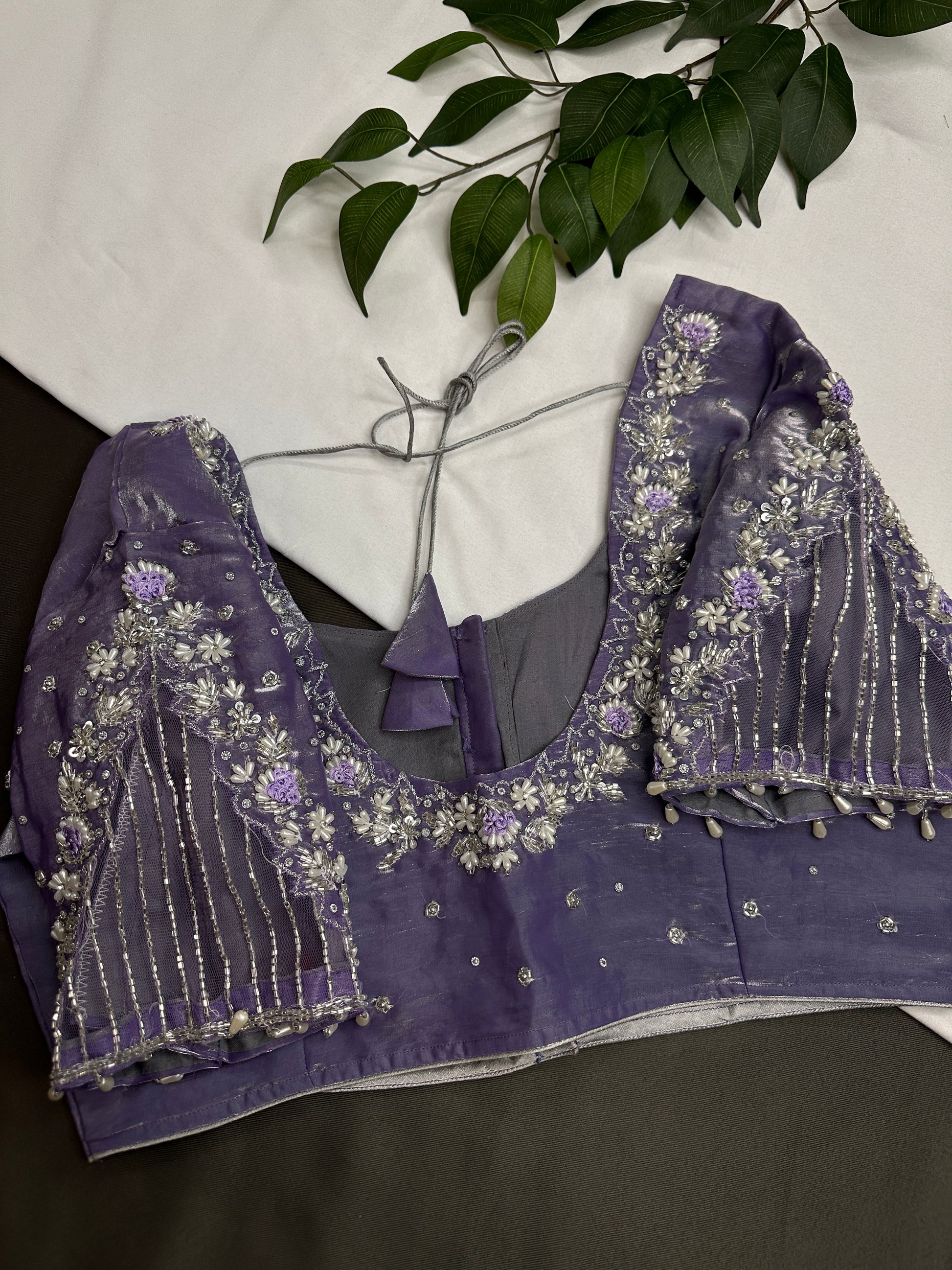 Crepe lavender Net Silver Pearl Work Blouse - 