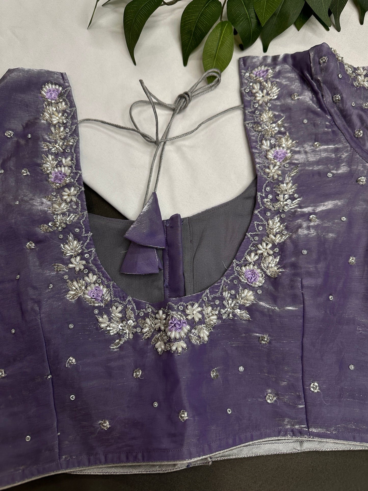 Crepe lavender Net Silver Pearl Work Blouse - 