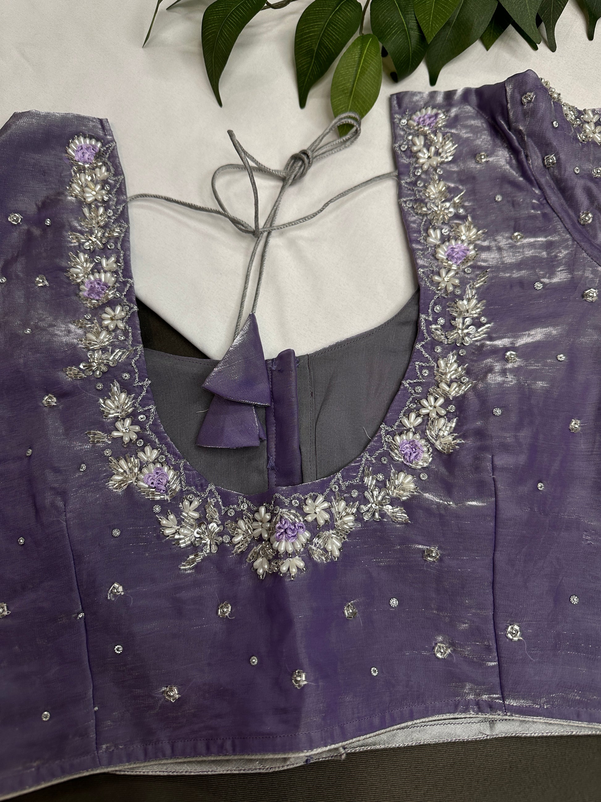 Crepe lavender Net Silver Pearl Work Blouse - 