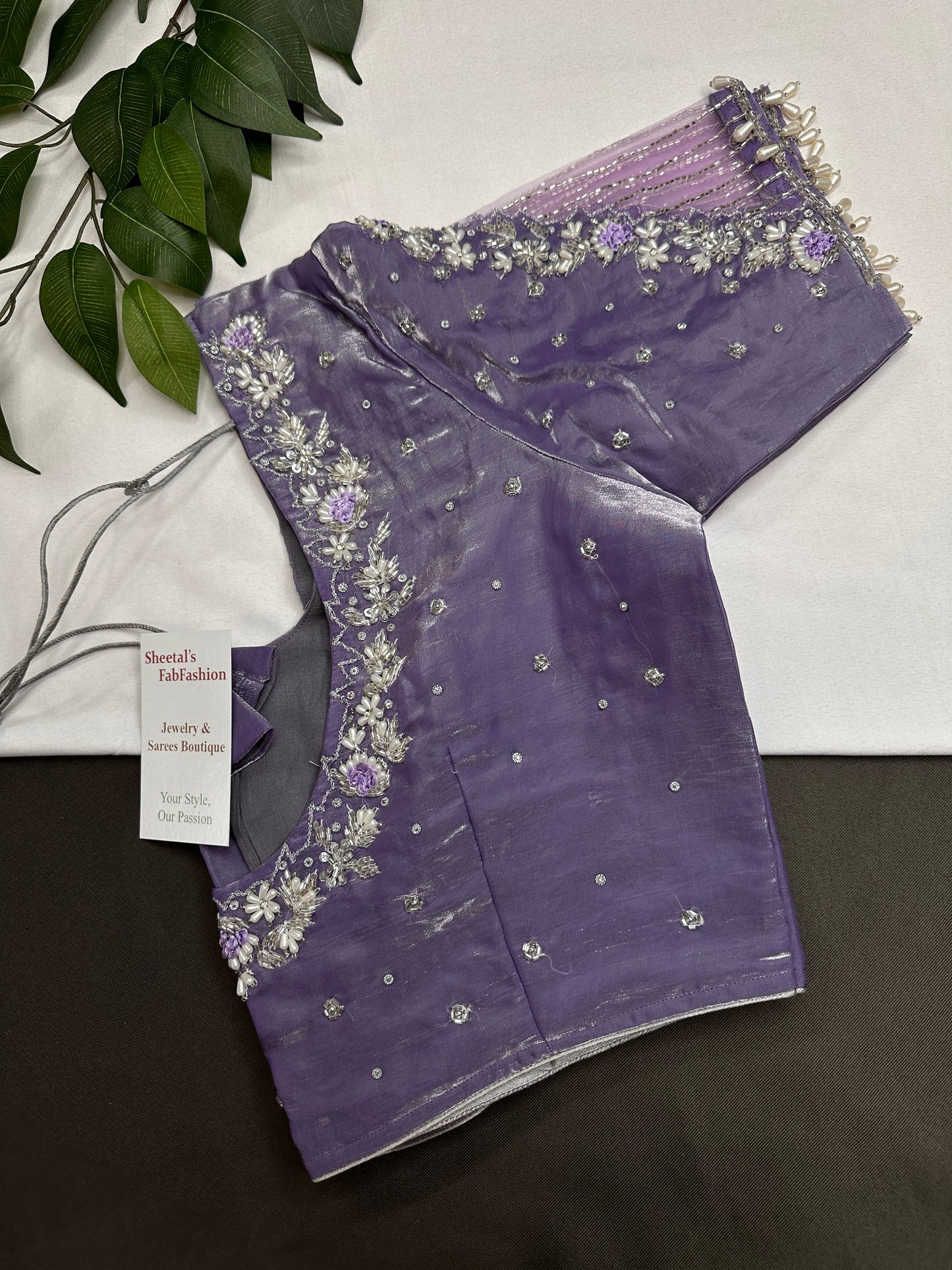 Crepe lavender Net Silver Pearl Work Blouse - 