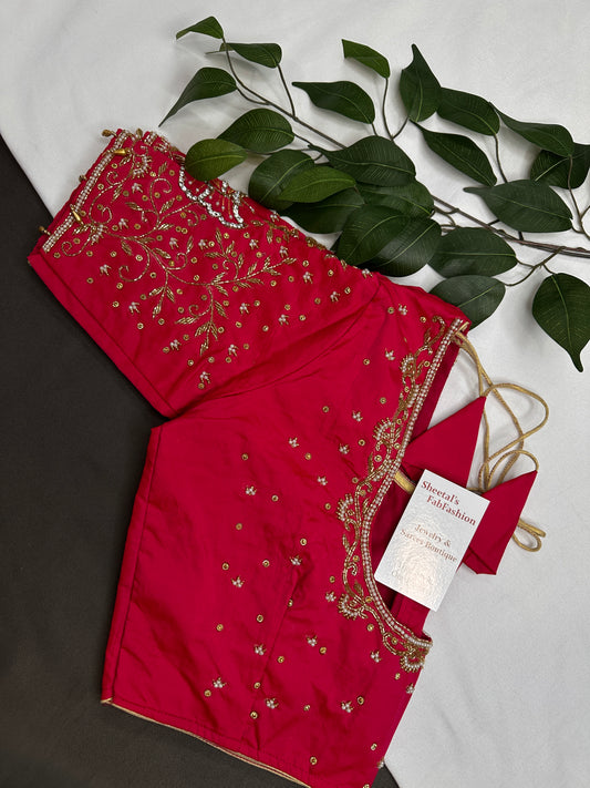 Butterfly Pattern Pink Silk Maggam Aari Pearl Work Blouse - 