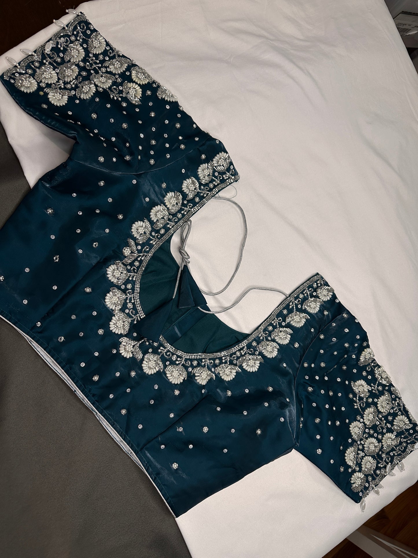 Crepe Teal Silver Pearl Work Blouse - 