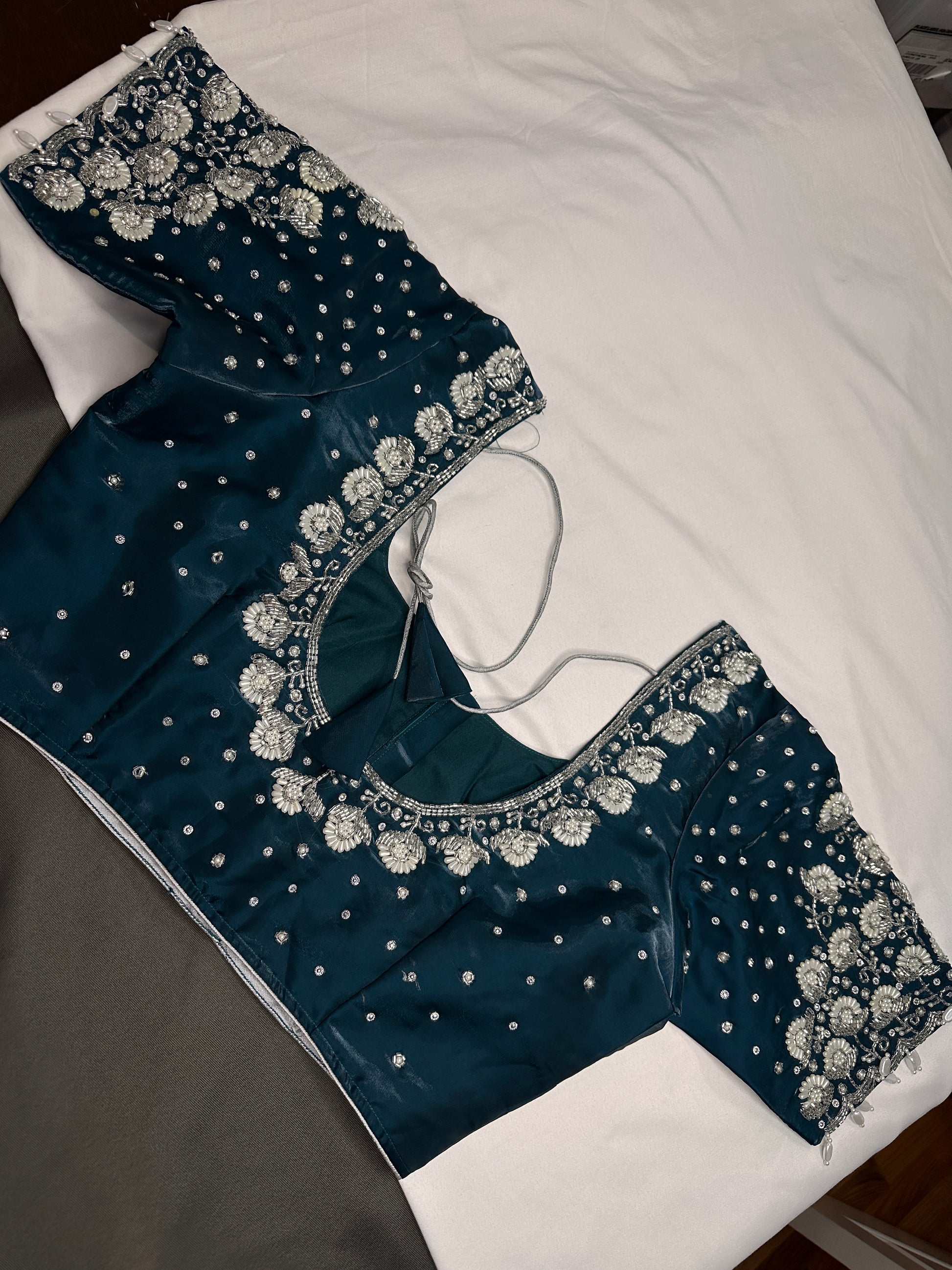 Crepe Teal Silver Pearl Work Blouse - 