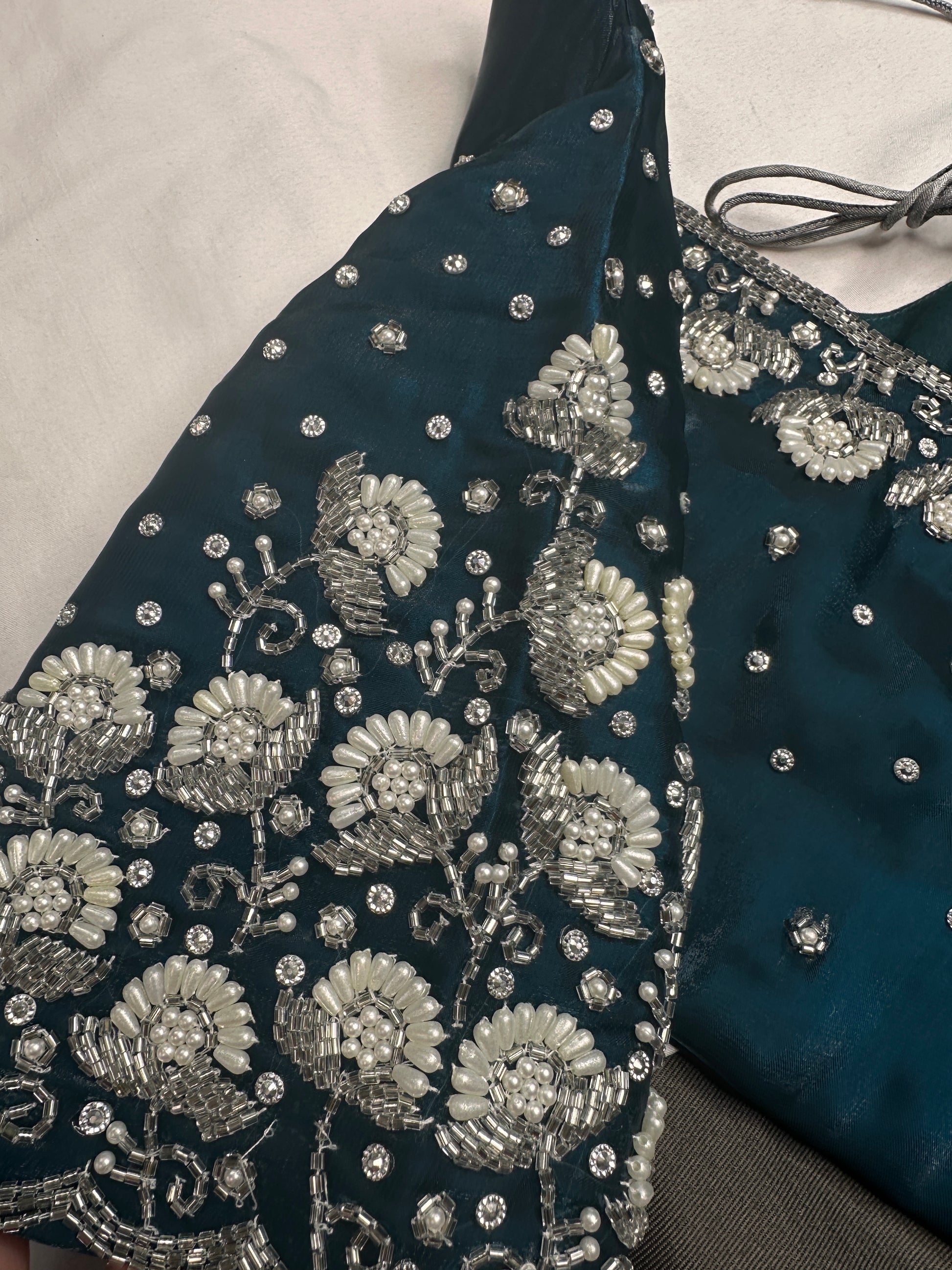 Crepe Teal Silver Pearl Work Blouse - 