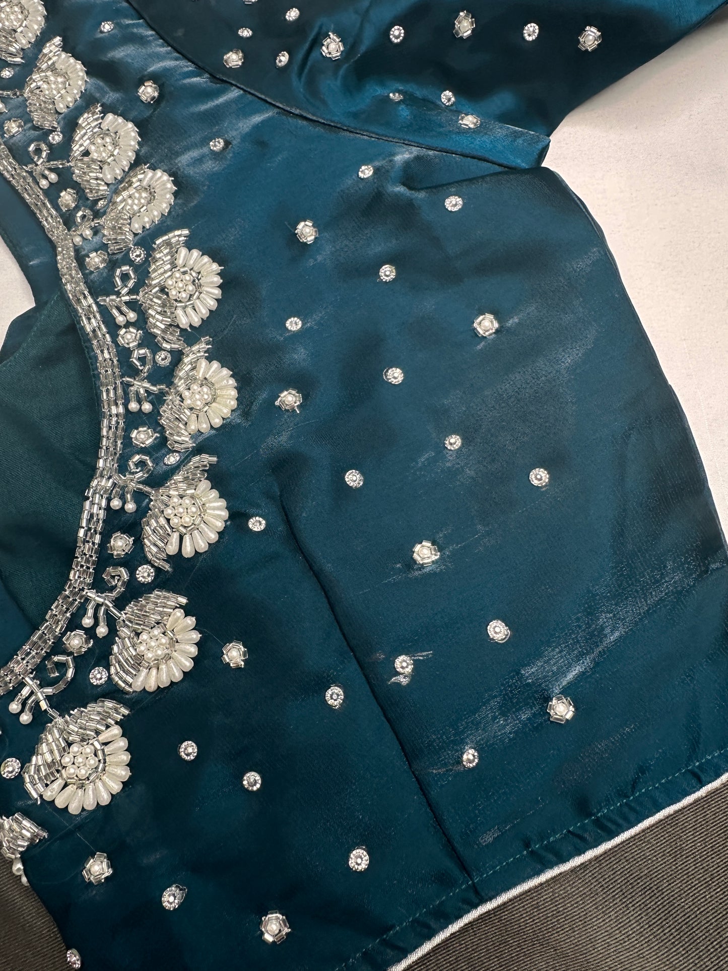 Crepe Teal Silver Pearl Work Blouse - 