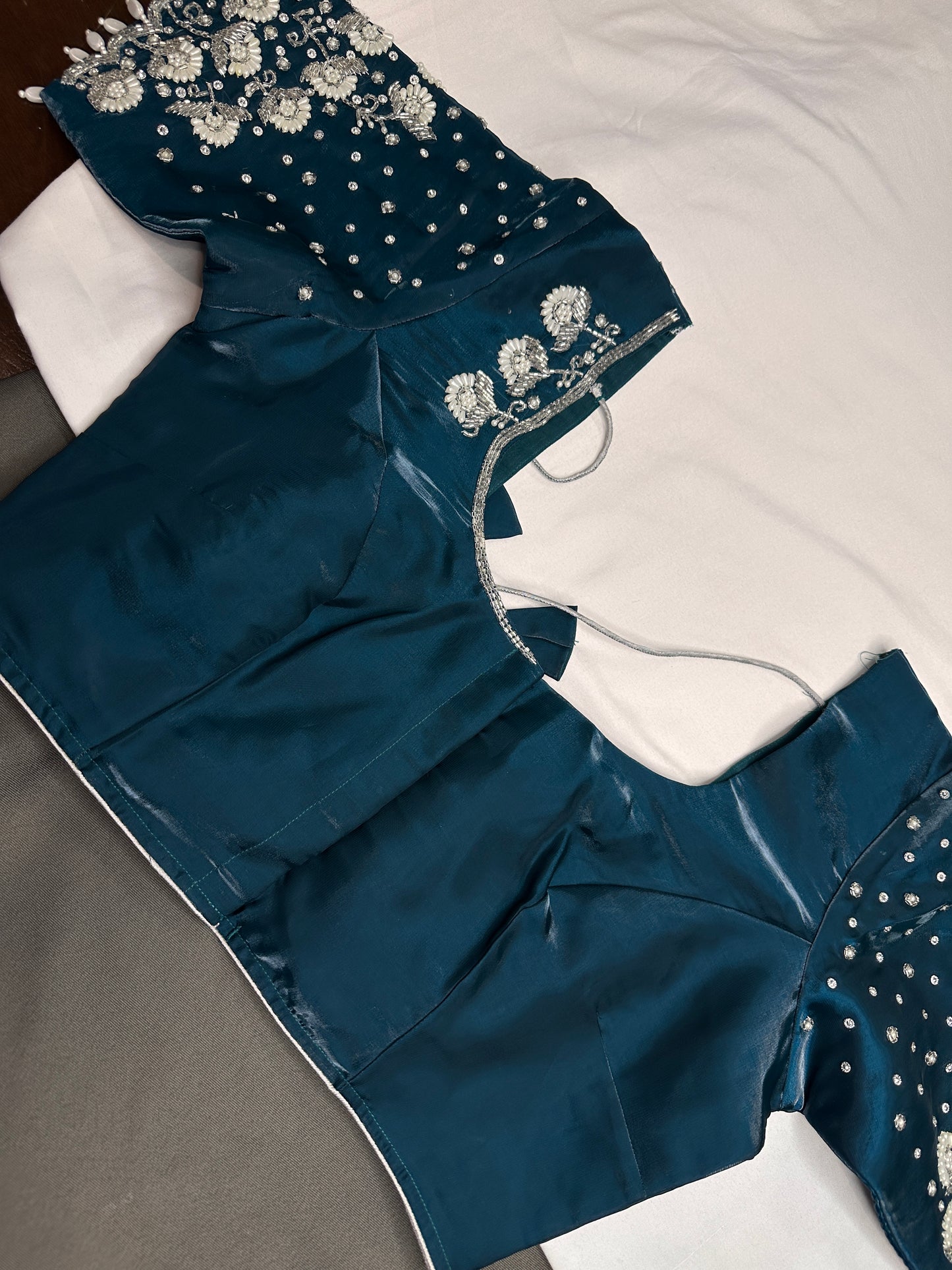Crepe Teal Silver Pearl Work Blouse - 
