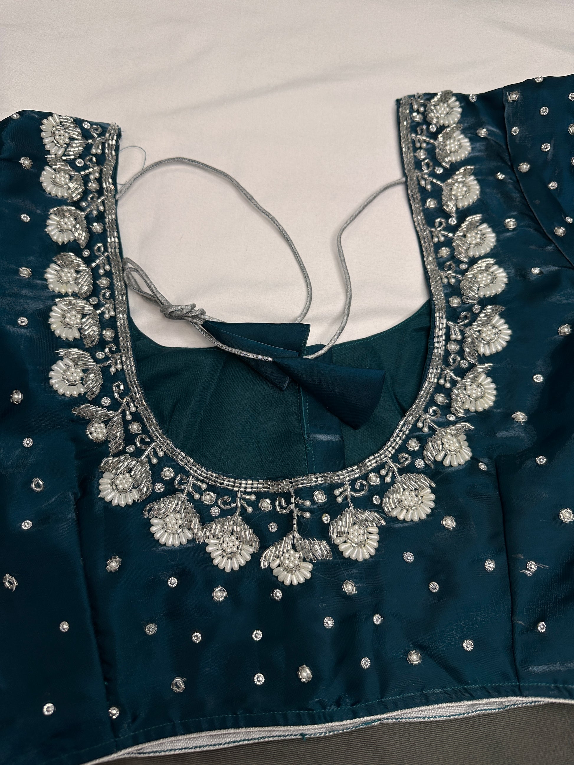 Crepe Teal Silver Pearl Work Blouse - 
